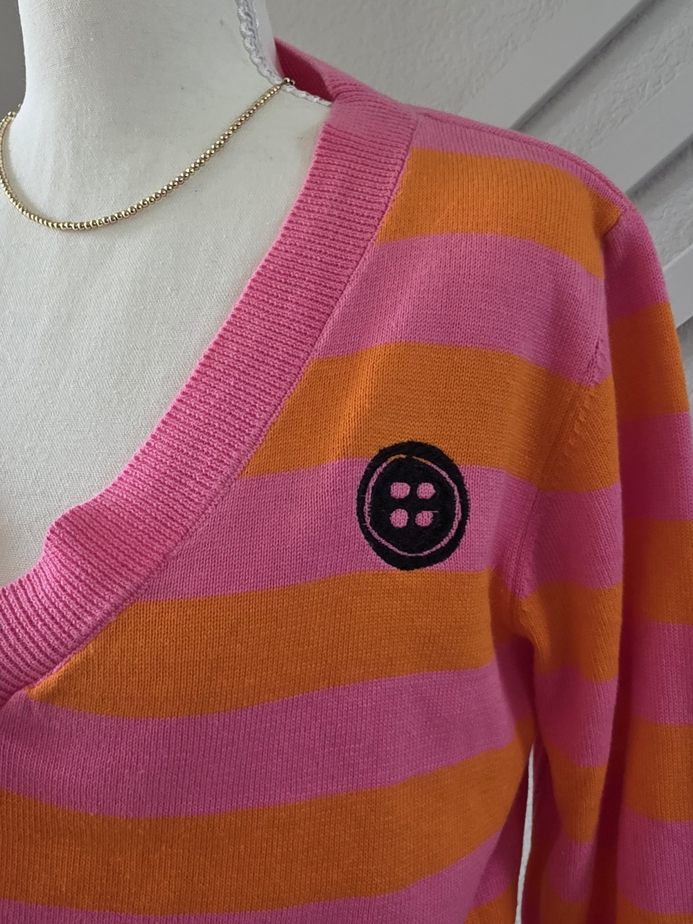 Women's Striped Knit Sweater with Doll Patch - Pink & Orange - Picture 8 of 10